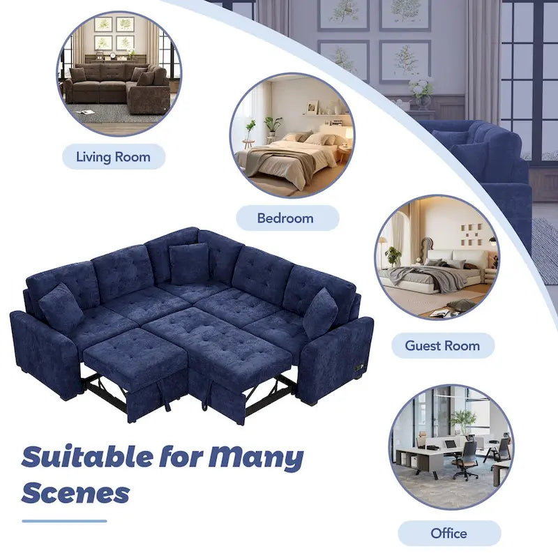82.6-inch L-shaped Pull-out Sleeper Sofa with Wheels, USB Ports, Power Sockets - 82.6 W x 82.6 D x 33 H
