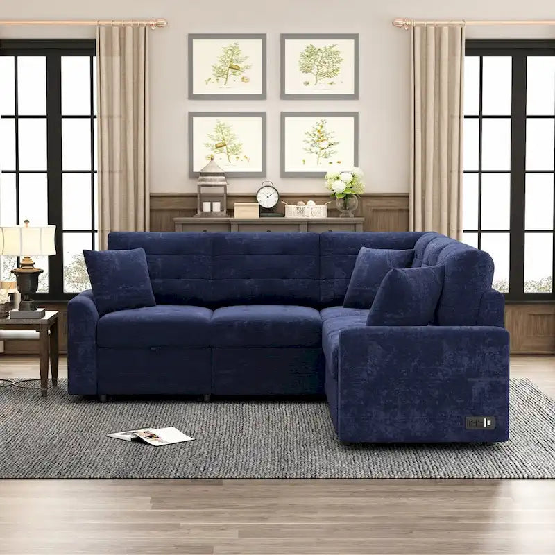 82.6-inch L-shaped Pull-out Sleeper Sofa with Wheels, USB Ports, Power Sockets - 82.6 W x 82.6 D x 33 H
