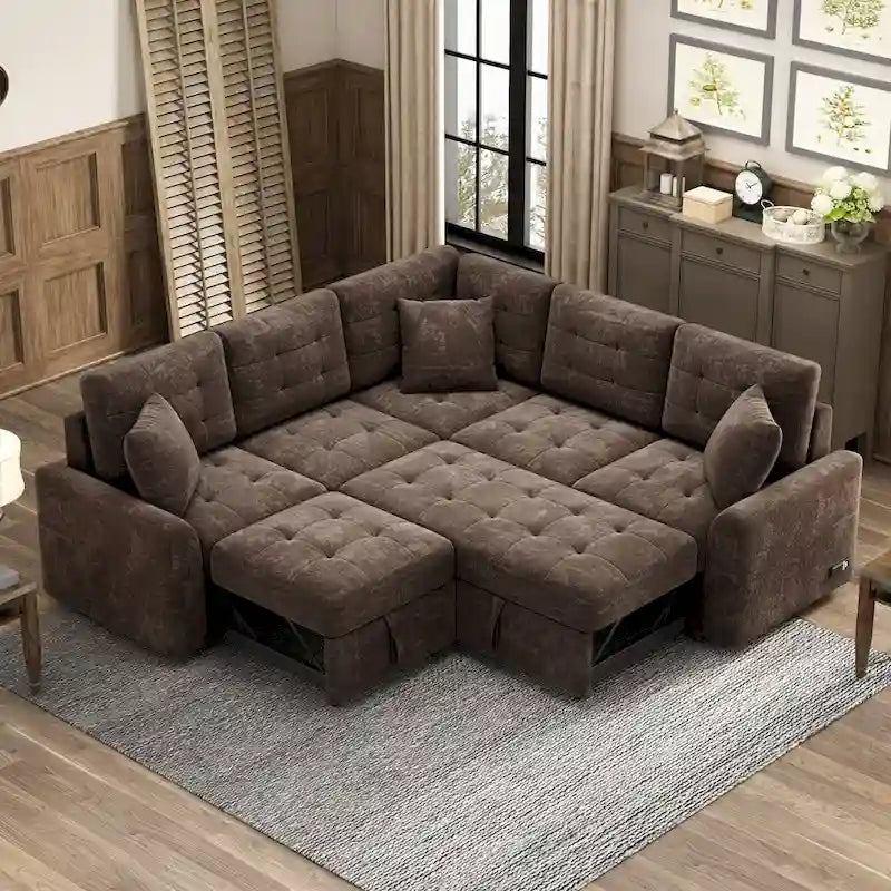 82.6-inch L-shaped Pull-out Sleeper Sofa with Wheels, USB Ports, Power Sockets - 82.6 W x 82.6 D x 33 H