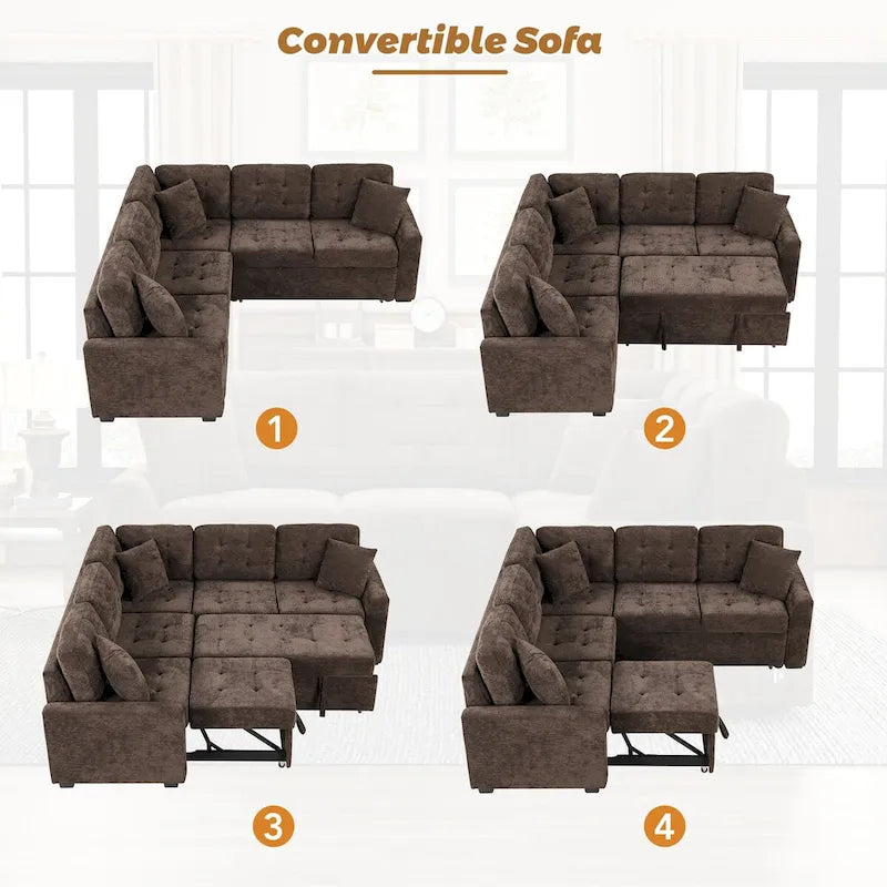 82.6-inch L-shaped Pull-out Sleeper Sofa with Wheels, USB Ports, Power Sockets - 82.6 W x 82.6 D x 33 H
