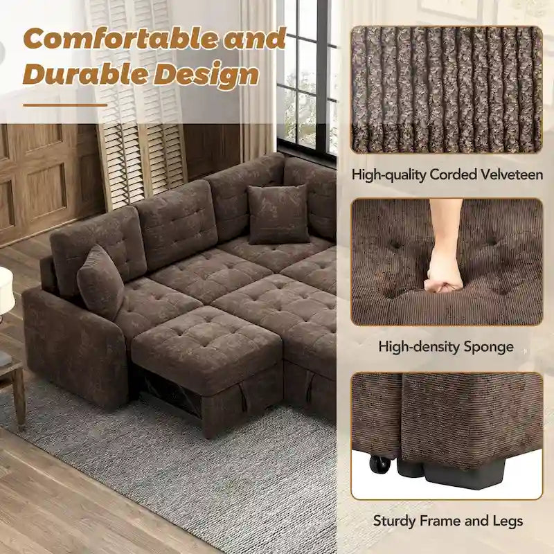 82.6-inch L-shaped Pull-out Sleeper Sofa with Wheels, USB Ports, Power Sockets - 82.6 W x 82.6 D x 33 H