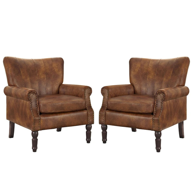 COZYMAN Modern Armchair Solid Wood Upholstered Fabric/Faux Leather Set of 2 Accent Chairs for Living Room