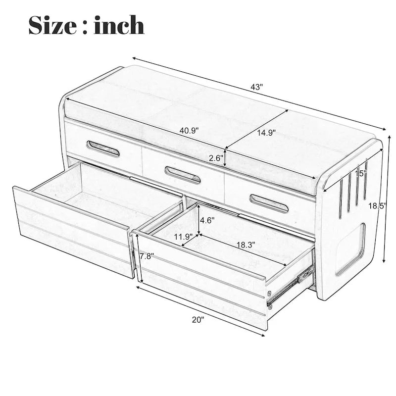 Nestfair Rustic Storage Bench with 2 Drawers, Hidden Storage Space, and 3 False Drawers at the Top