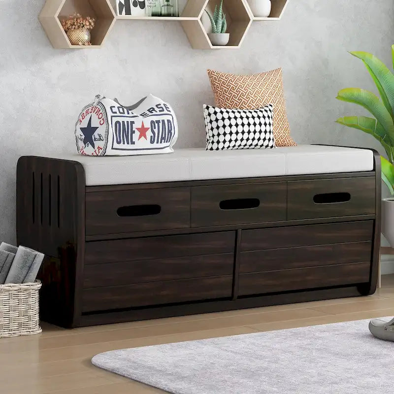 Nestfair Rustic Storage Bench with 2 Drawers, Hidden Storage Space, and 3 False Drawers at the Top