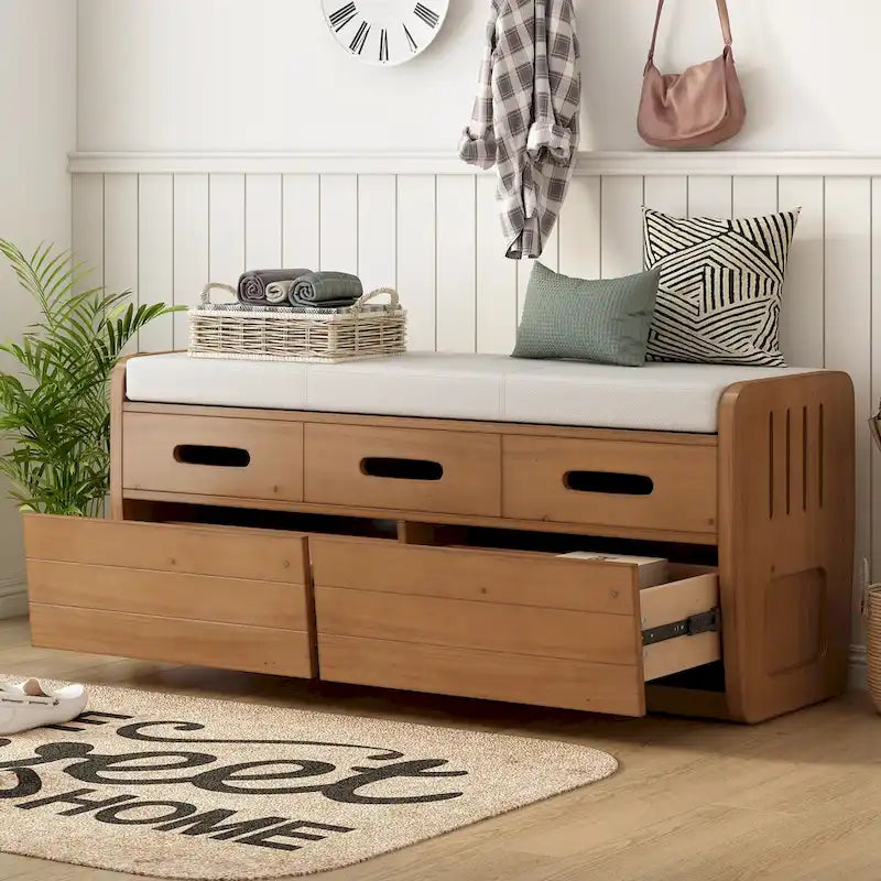 Nestfair Rustic Storage Bench with 2 Drawers, Hidden Storage Space, and 3 False Drawers at the Top