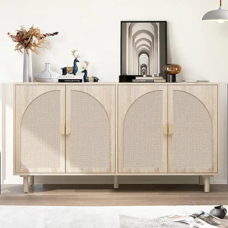 Storage Cabinet w/ 4 Rattan Door,Adjustable Shelves,Buffet Cabinet - 59.06Lx15.75Wx31.5H