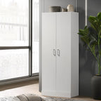 60 Tall White Double Door Cabinet, Freestanding Cupboard Closet Storage Organizer with 4 Tier Shelves