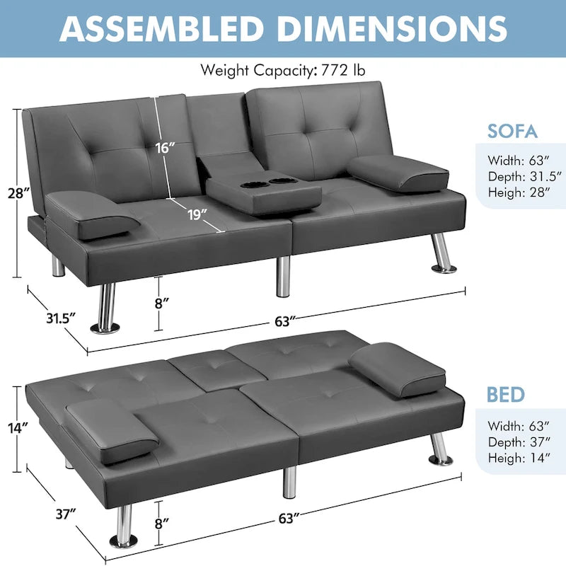 Yaheetech Faux Leather Convertible Futon Sofa Bed 3-In-1 Adjustable Futon Couch