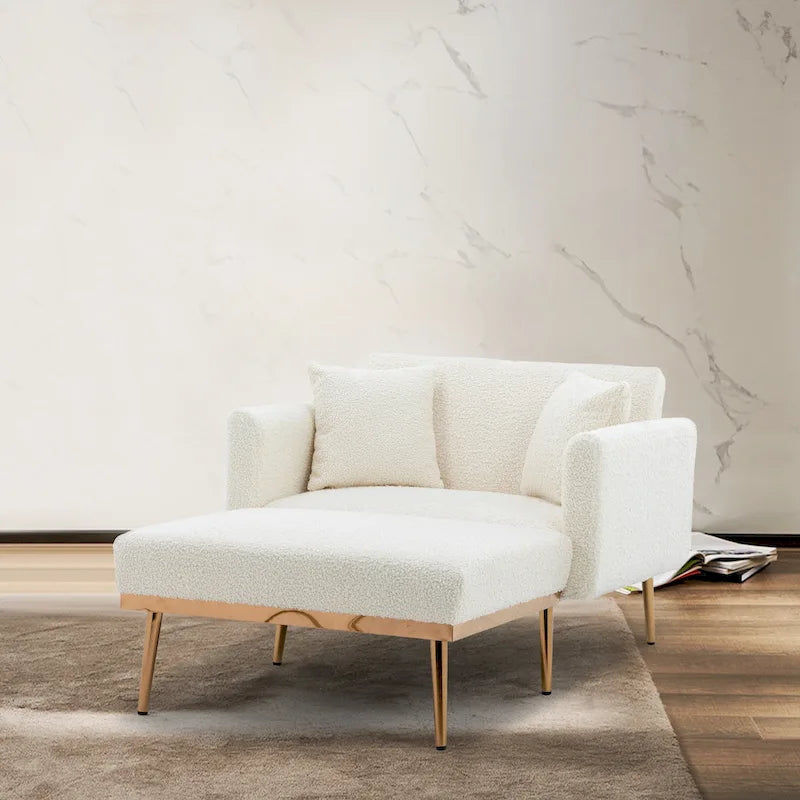 62 L Chaise Lounge Indoor, Modern Teddy Fabric Sleeper Chair Bed for Living Room, Convertible Lounge Chair with Iron Legs
