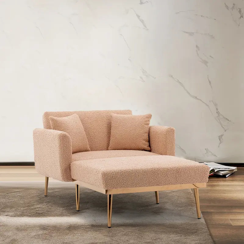 62 L Chaise Lounge Indoor, Modern Teddy Fabric Sleeper Chair Bed for Living Room, Convertible Lounge Chair with Iron Legs