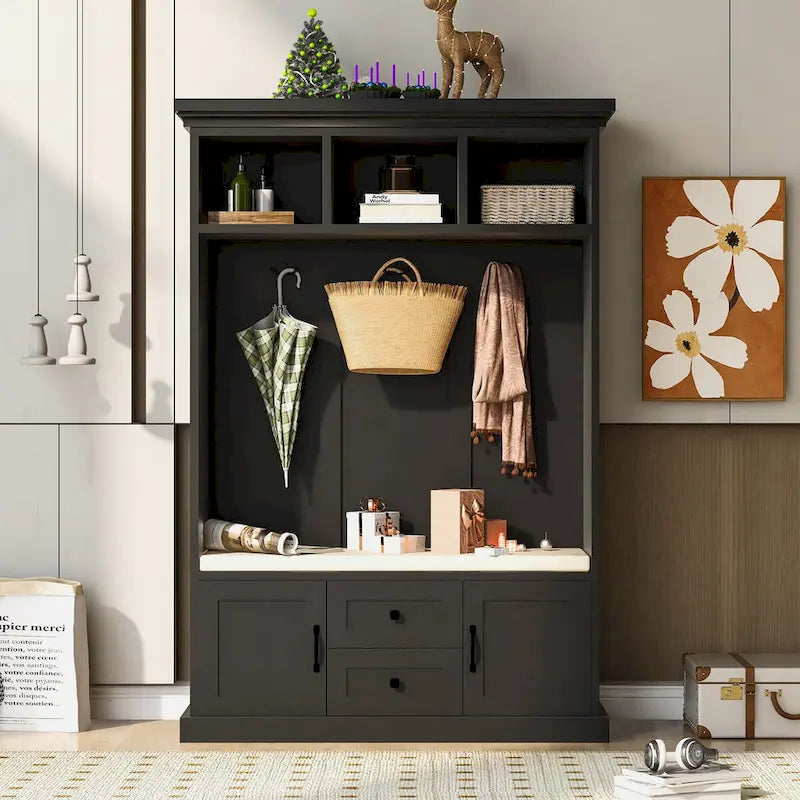 Hall Tree with 3 HooksCoat Hanger, Entryway Bench,Storage Bench, 3-in-1 Design,47.2INCH,for Entrance,Hallway