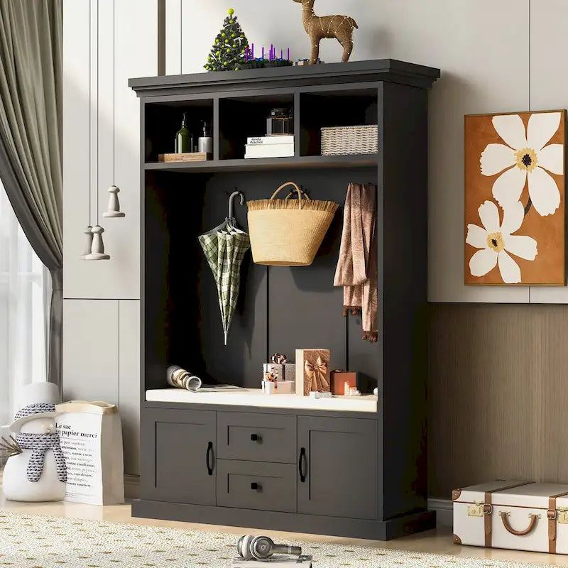 Hall Tree with 3 HooksCoat Hanger, Entryway Bench,Storage Bench, 3-in-1 Design,47.2INCH,for Entrance,Hallway