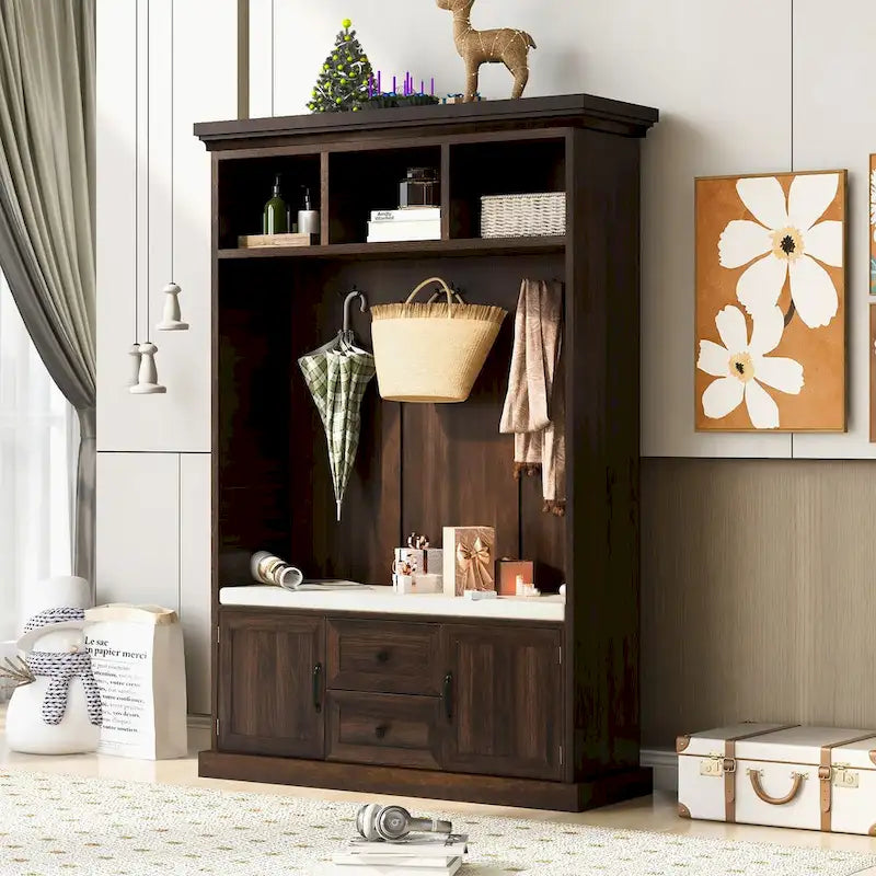 Hall Tree with 3 HooksCoat Hanger, Entryway Bench,Storage Bench, 3-in-1 Design,47.2INCH,for Entrance,Hallway