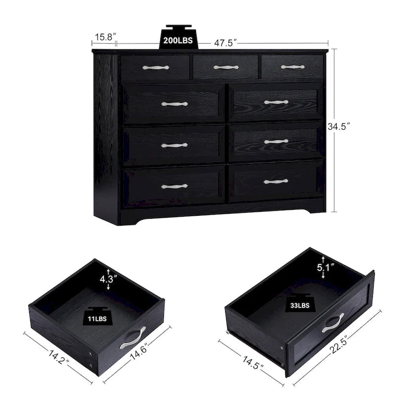 Bedroom dresser, 9 drawer long dresser with antique handles, wood chest of drawers for kids room, living room, entry and hallway