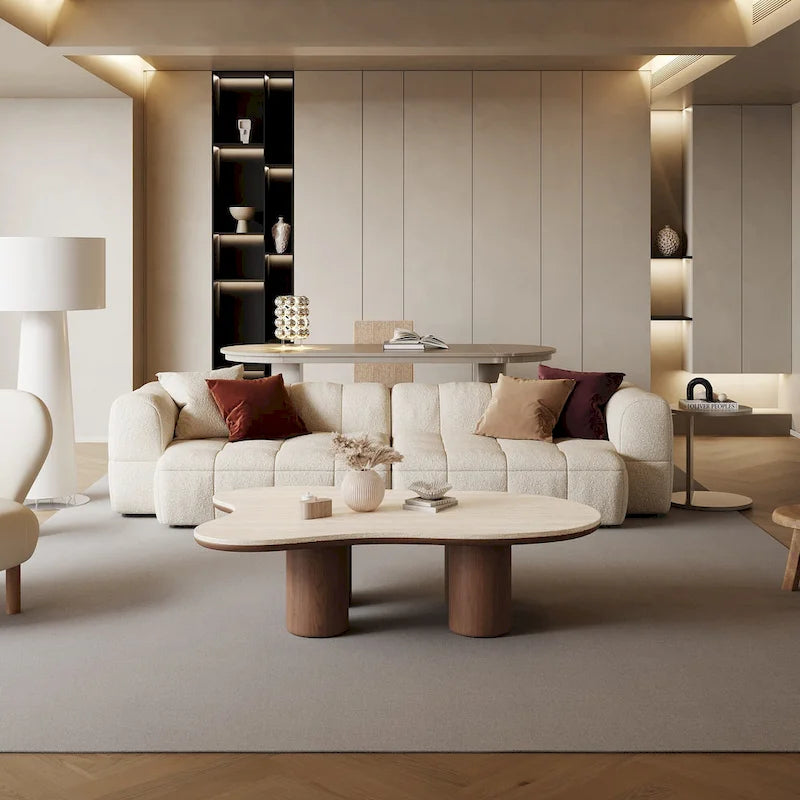48 Modern Wood Coffee Table, Matte Stone Top, cloud Shaped
