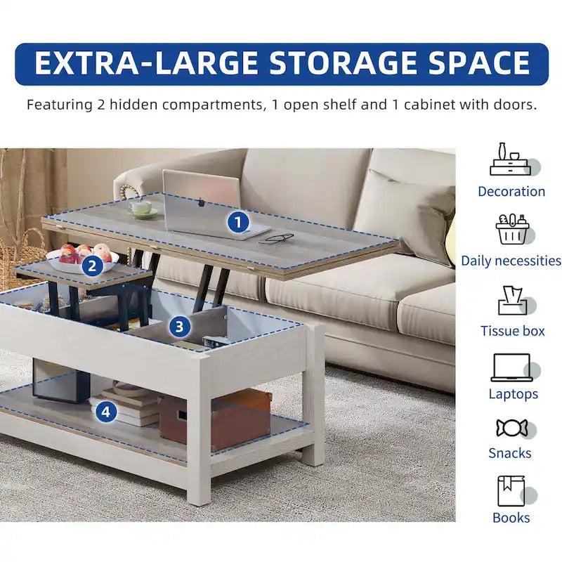 Moasis Farmhouse Lift Top Coffee Table Expandable Tabletop with Hidden Storage and Shelf for Living Room