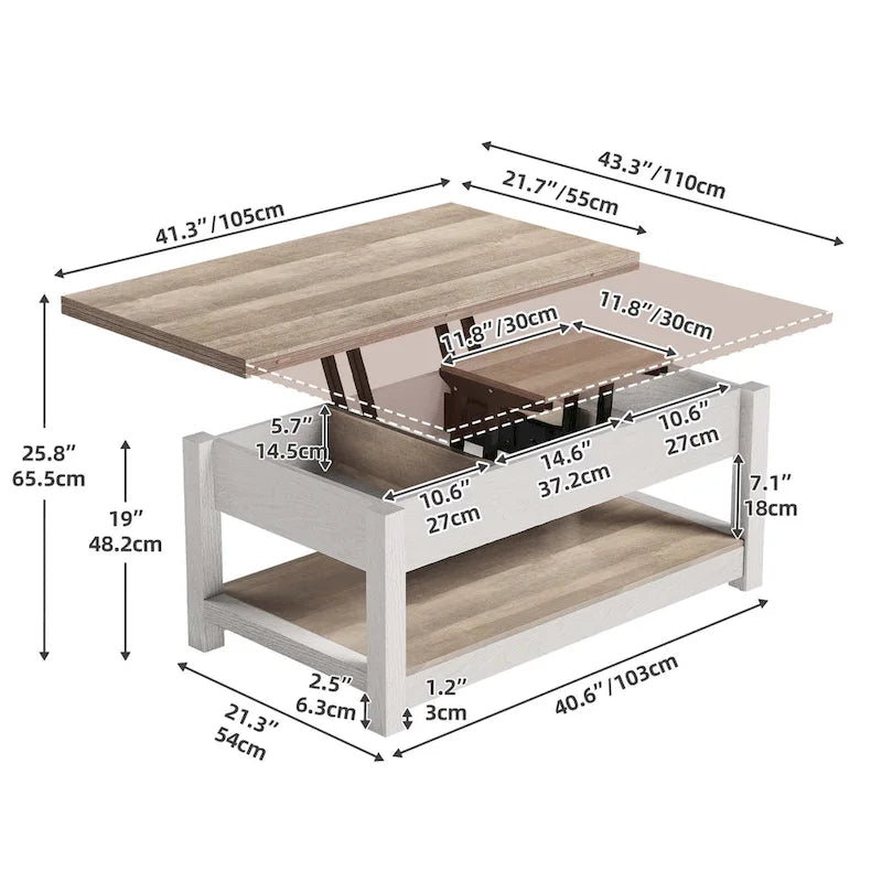 Moasis Farmhouse Lift Top Coffee Table Expandable Tabletop with Hidden Storage and Shelf for Living Room