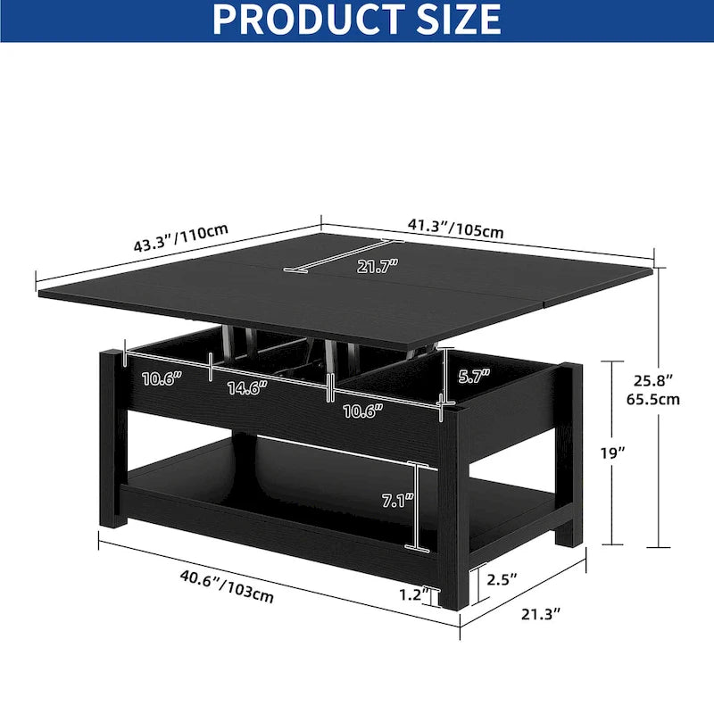 Moasis Farmhouse Lift Top Coffee Table Expandable Tabletop with Hidden Storage and Shelf for Living Room