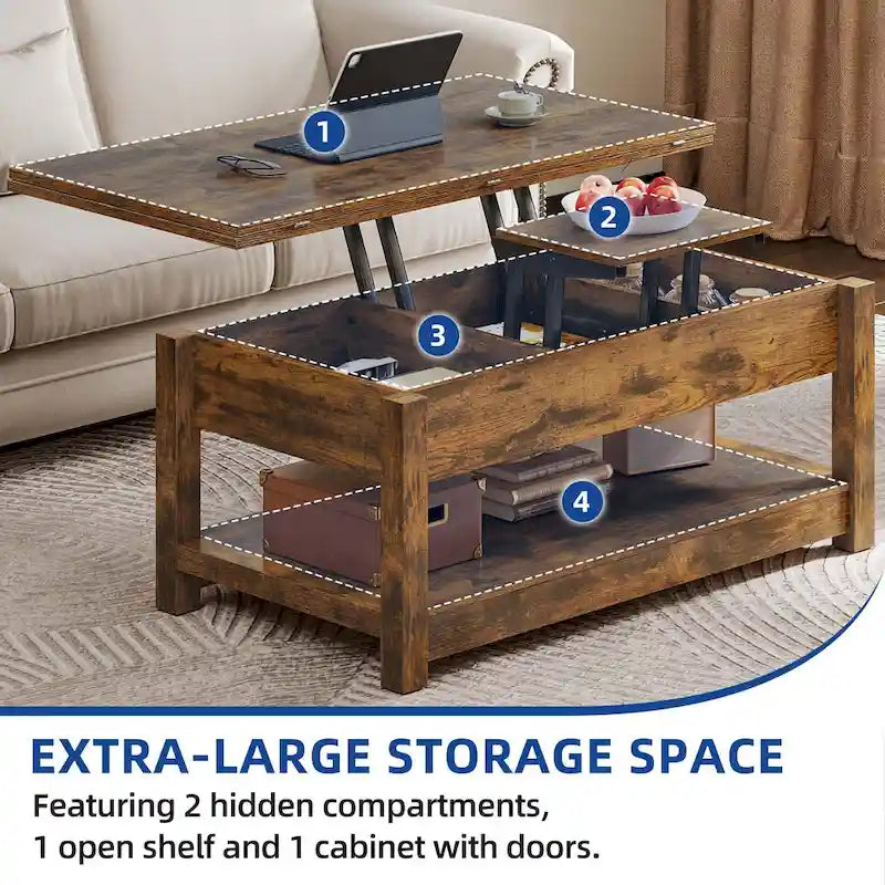 Moasis Farmhouse Lift Top Coffee Table Expandable Tabletop with Hidden Storage and Shelf for Living Room