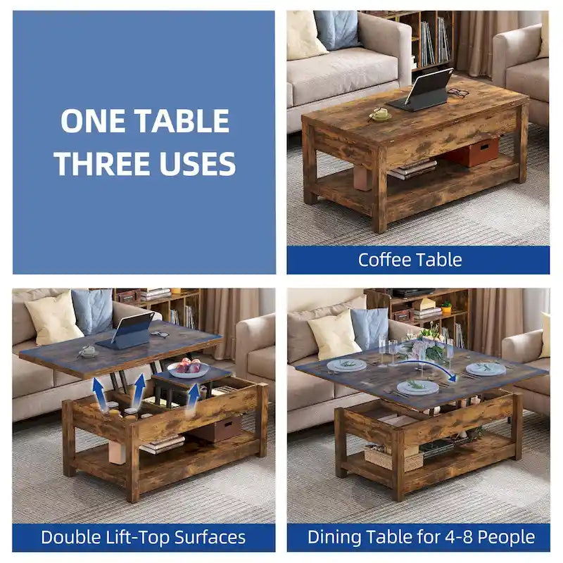 Moasis Farmhouse Lift Top Coffee Table Expandable Tabletop with Hidden Storage and Shelf for Living Room