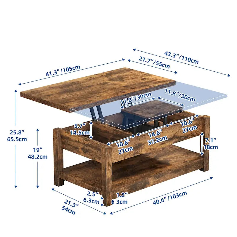 Moasis Farmhouse Lift Top Coffee Table Expandable Tabletop with Hidden Storage and Shelf for Living Room