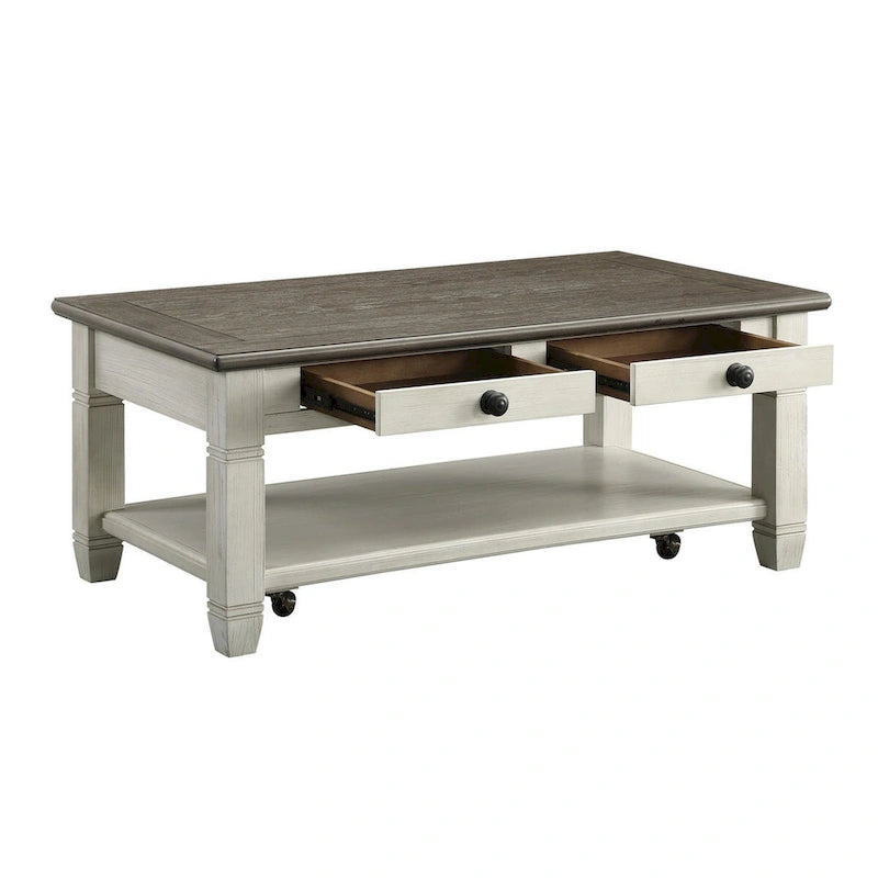 Rome 48 Inch Cocktail Coffee Table, 2 Drawers, White and Brown, Solid Wood