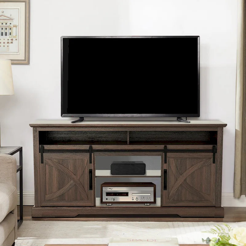 68  Walnut Sliding Barn Door TV Stand Console with Storage Open Compartment