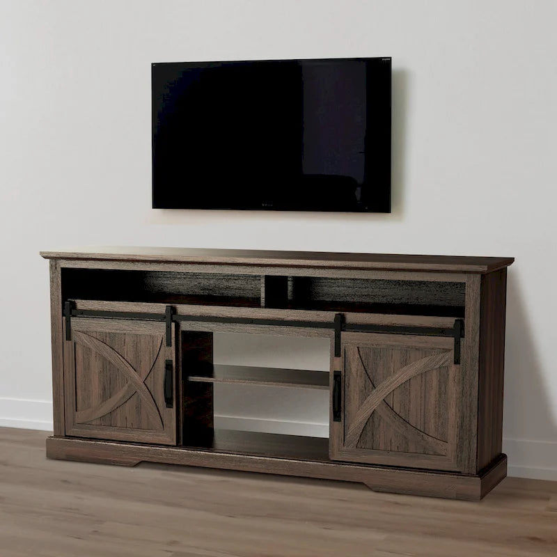 68  Walnut Sliding Barn Door TV Stand Console with Storage Open Compartment