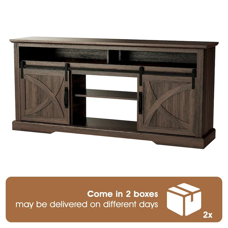 68  Walnut Sliding Barn Door TV Stand Console with Storage Open Compartment