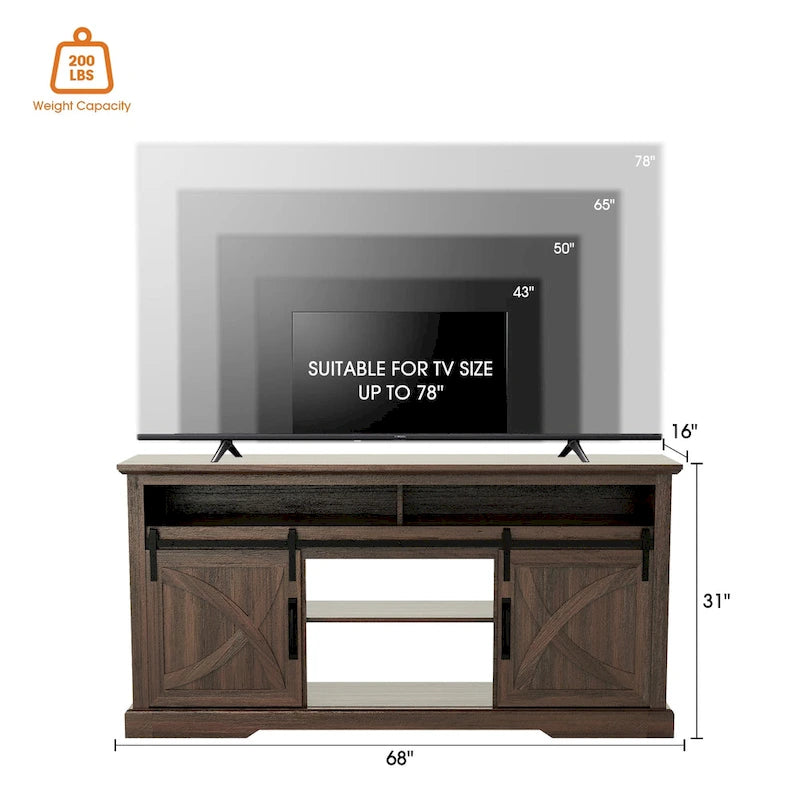 68  Walnut Sliding Barn Door TV Stand Console with Storage Open Compartment