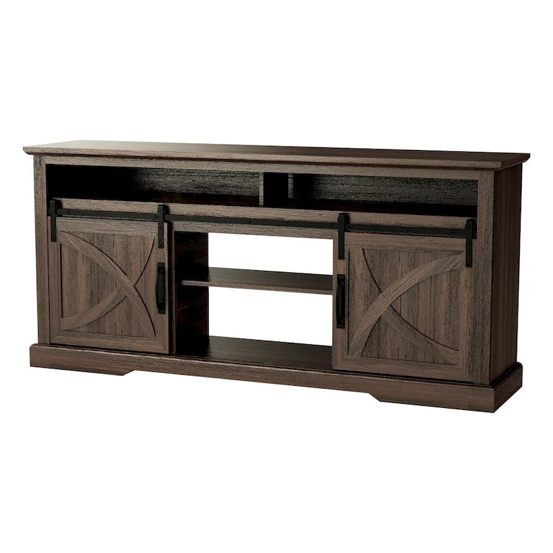 68  Walnut Sliding Barn Door TV Stand Console with Storage Open Compartment