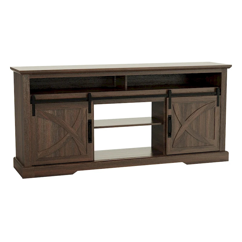 68  Walnut Sliding Barn Door TV Stand Console with Storage Open Compartment