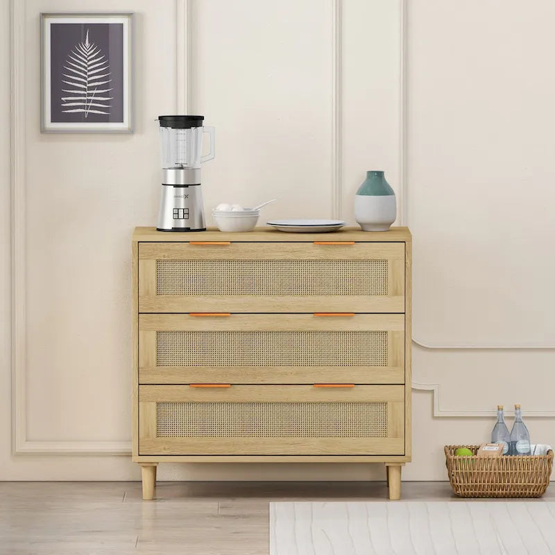Oak 3-drawers Rattan Storage Cabinet - 31.5 L x 15.55 W x 30.12 H