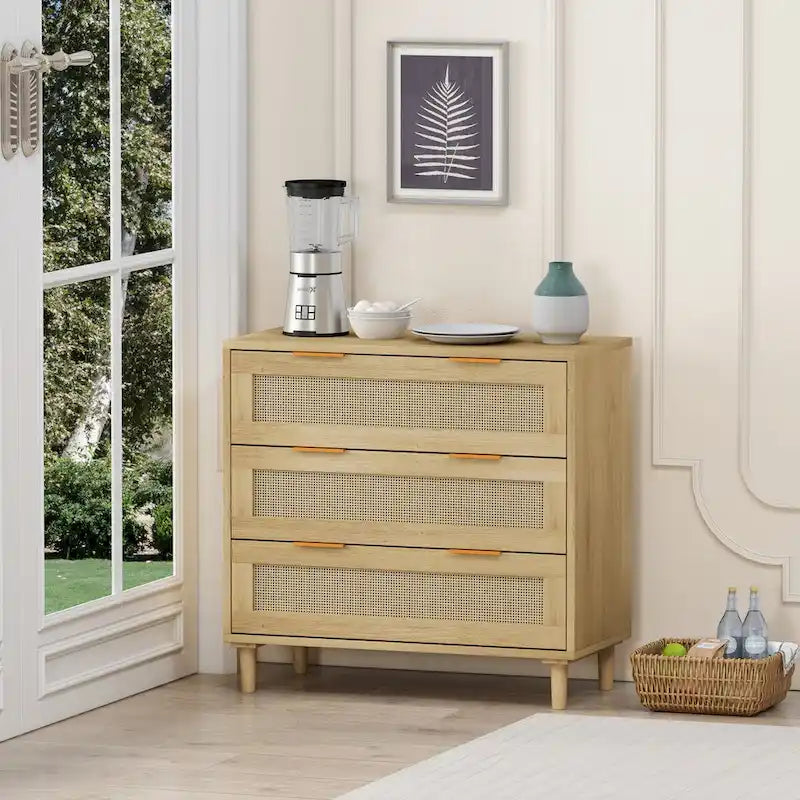 Oak 3-drawers Rattan Storage Cabinet - 31.5 L x 15.55 W x 30.12 H
