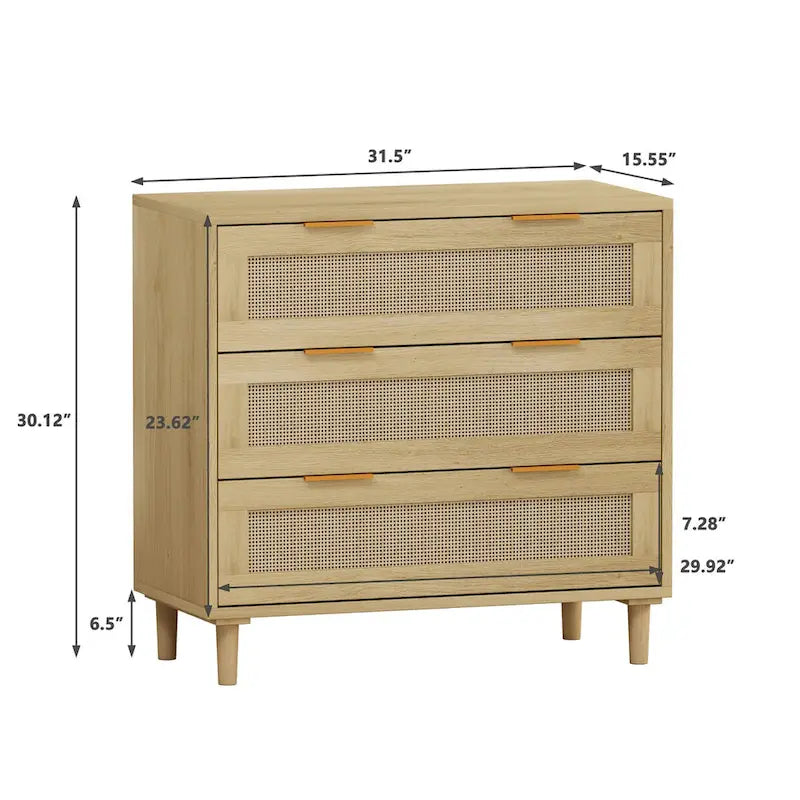 Oak 3-drawers Rattan Storage Cabinet - 31.5 L x 15.55 W x 30.12 H