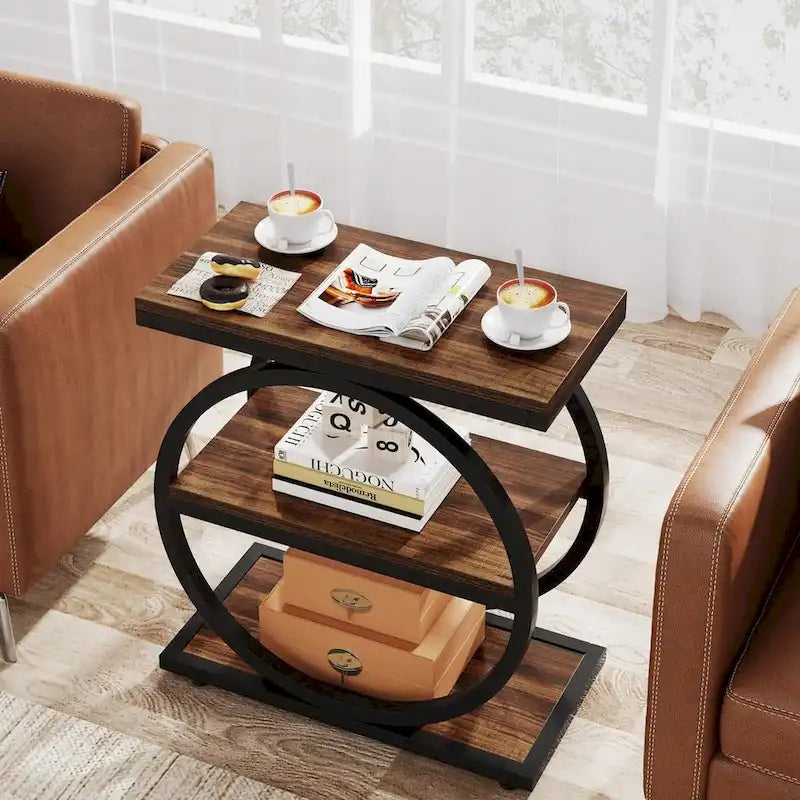 End Table with 3 Storage Shelves, Wood Narrow Side Table