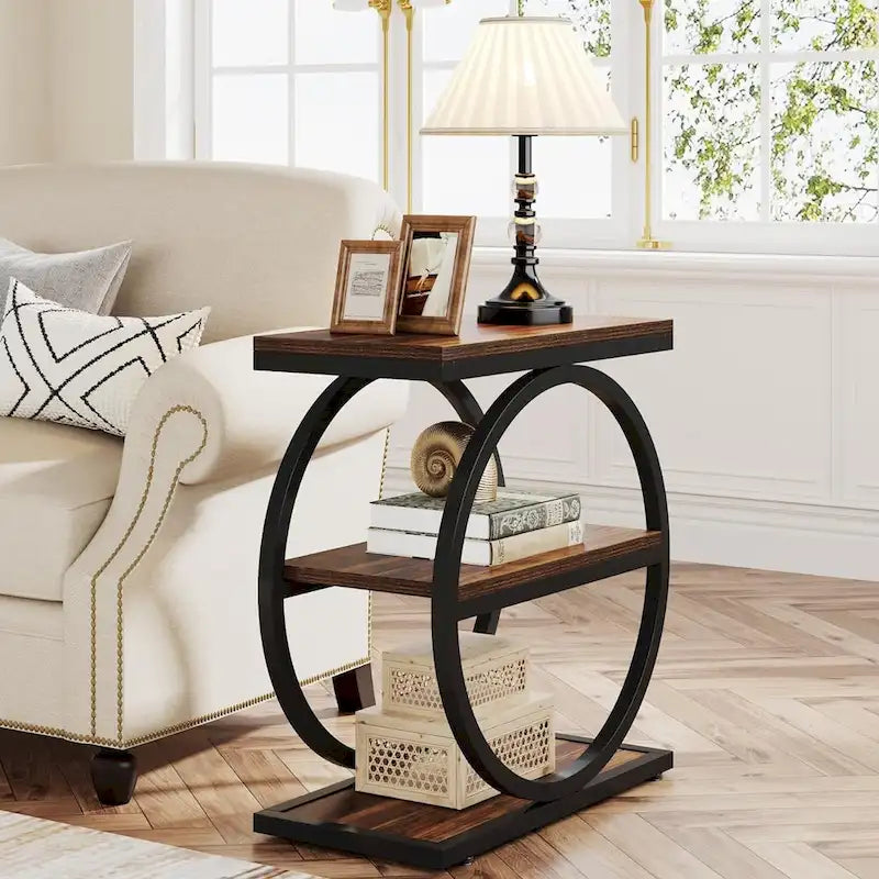 End Table with 3 Storage Shelves, Wood Narrow Side Table