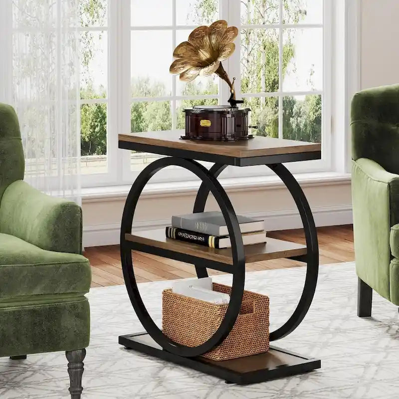 End Table with 3 Storage Shelves, Wood Narrow Side Table