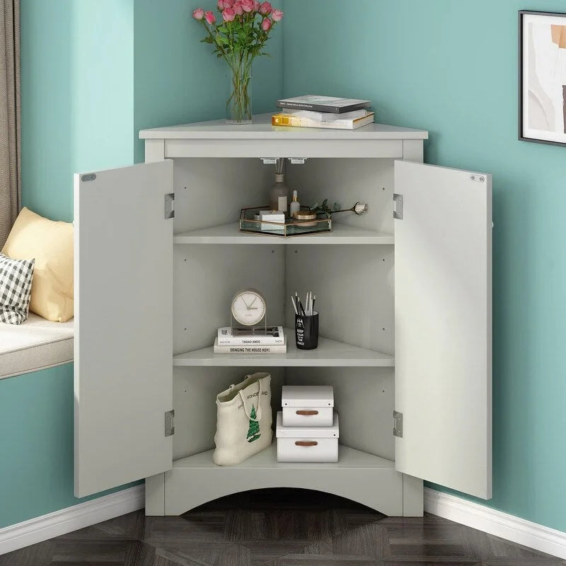 Corner Triangle Bathroom Storage Cabinet with Adjustable Shelves, Freestanding Floor Cabinet, Accent Cabinet for Living Room