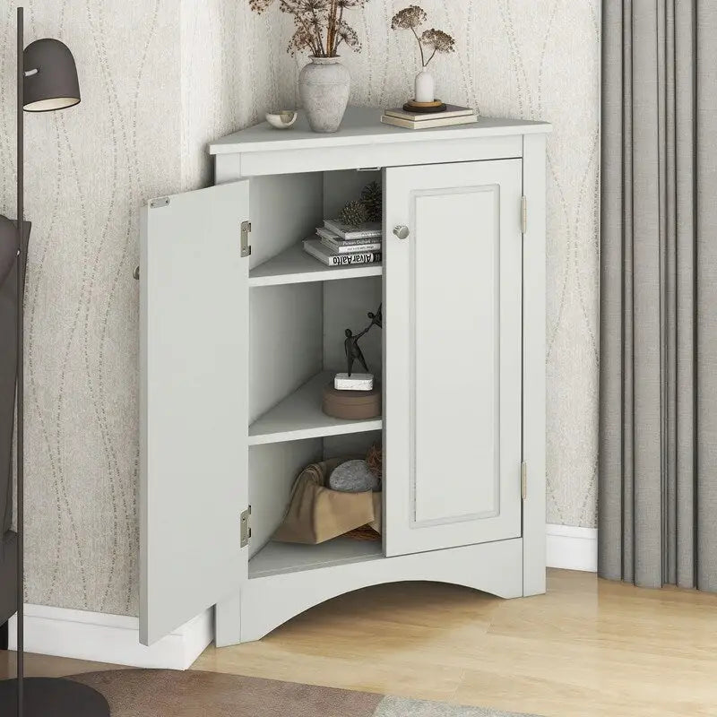 Corner Triangle Bathroom Storage Cabinet with Adjustable Shelves, Freestanding Floor Cabinet, Accent Cabinet for Living Room