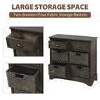 Rustic Storage Cabinet with Two Drawers and Four Classic Rattan Basket for Dining Room/Entryway/Living Room