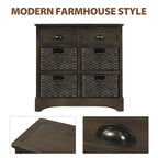 Rustic Storage Cabinet with Two Drawers and Four Classic Rattan Basket for Dining Room/Entryway/Living Room