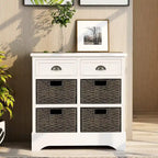 Rustic Storage Cabinet with Two Drawers and Four Classic Rattan Basket for Dining Room/Entryway/Living Room