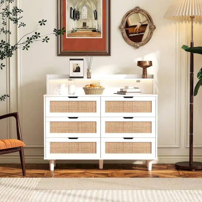 43.316-Drawers Rattan Storage Cabinet Rattan Drawer with LED Lights and Power Outlet,for Bedroom,Living Room