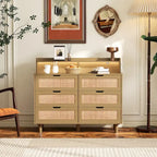 43.316-Drawers Rattan Storage Cabinet Rattan Drawer with LED Lights and Power Outlet,for Bedroom,Living Room