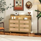 43.316-Drawers Rattan Storage Cabinet Rattan Drawer with LED Lights and Power Outlet,for Bedroom,Living Room