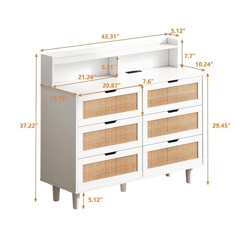 43.316-Drawers Rattan Storage Cabinet Rattan Drawer with LED Lights and Power Outlet,for Bedroom,Living Room
