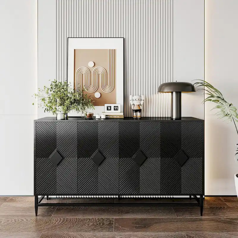 Accent Black Lacquered 4-Door Wooden Sideboard Buffet Server Cabinet