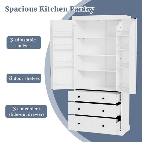 77inch Kitchen Pantry,Freestanding Tall Cupboard Storage Cabinet with 3 Adjustable Shelves,8 Door Shelves,3 Drawers