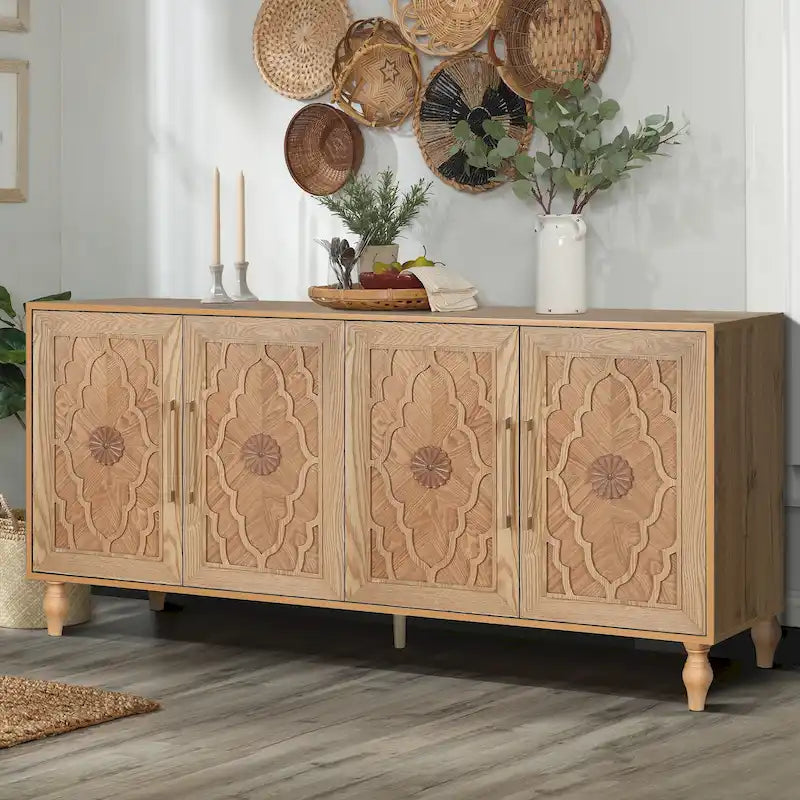 Carved Flower Door Large Storage Cabinet Sideboard Buffet
